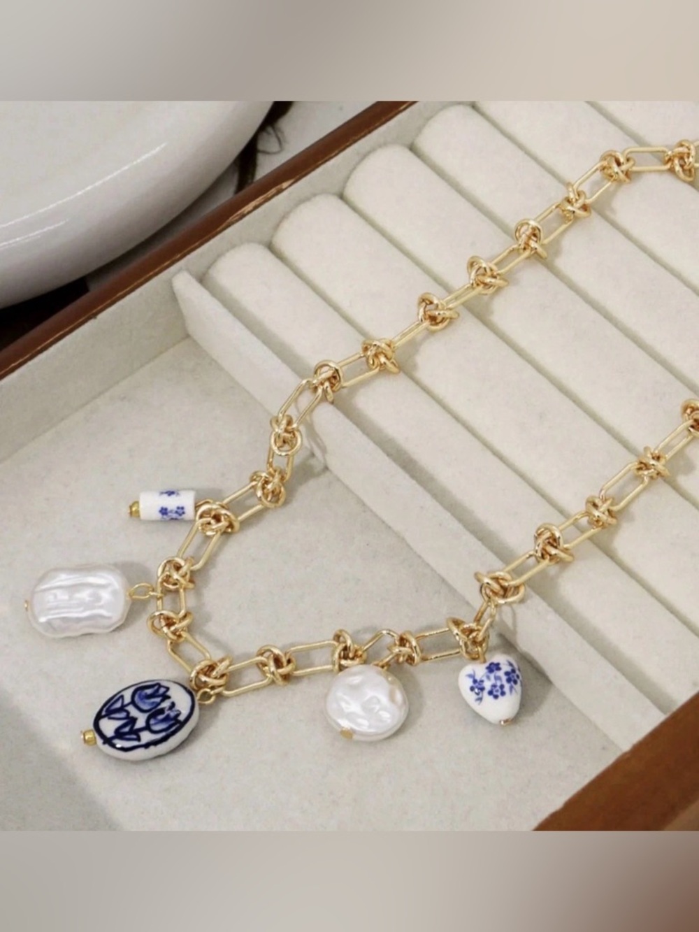Anthropologie Gold Chain Necklace with Blue & White Porcelain and Pearl Charms - Picture 2 of 3